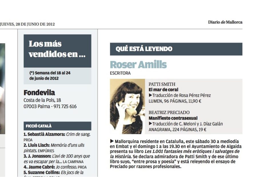Diario de Mallorca, «Qué está leyendo»: Roser Amills, 28 de junio de 2012