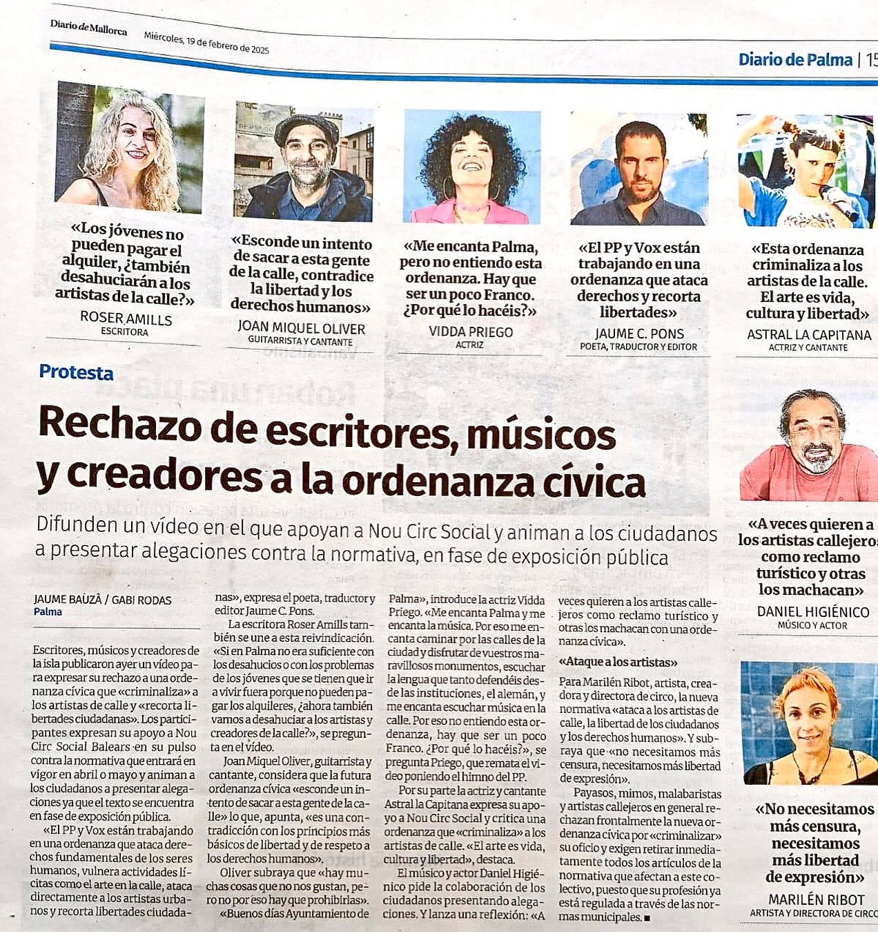 Diario de Mallorca: rechazo de escritores, músicos y creadores a la ordenanza cívica de Palma, con Roser Amills