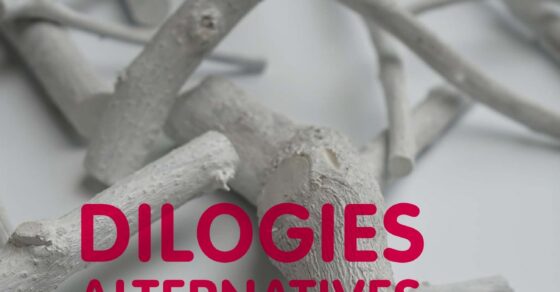 Portada del catàleg «Dilogies alternatives. Digues… pren la paraula!» de la 14a edició d’Empordoneses, Figueres 2023, amb el títol sobre branques blanques