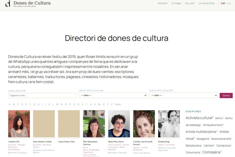 Portada del directorio Dones de Cultura, donesdecultura.roseramills.com