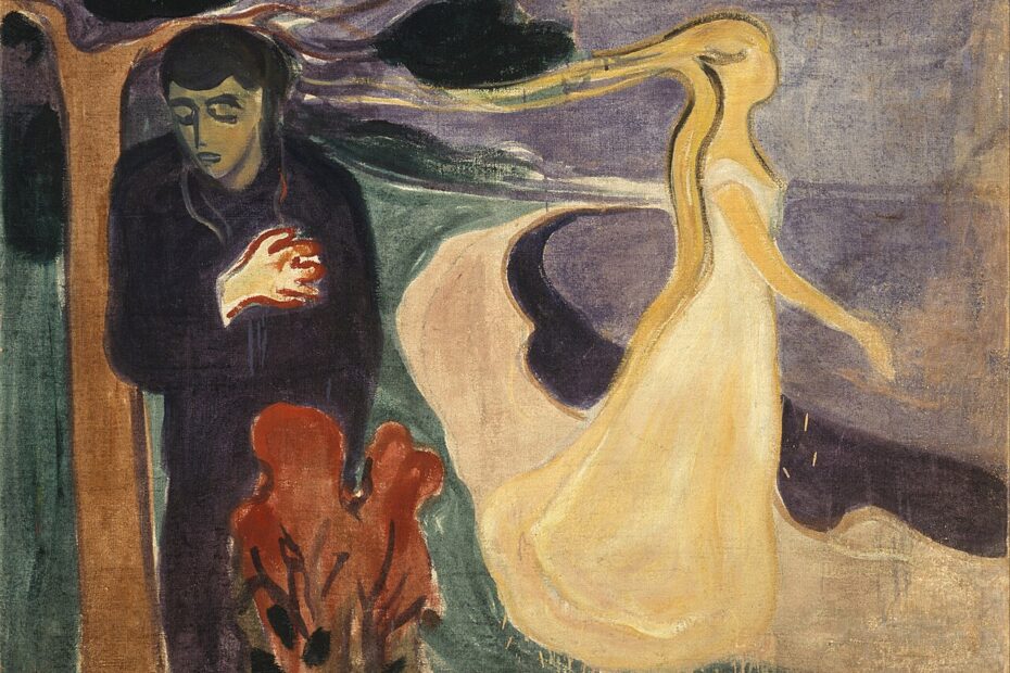 Separación, cuadro de Edvard Munch de 1896: un hombre abatido en primer plano y una mujer que se aleja hacia el mar