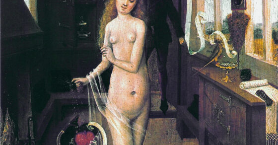 El hechizo de amor, pintura del Bajo Rin de hacia 1470: una joven prepara un filtro amoroso mientras un hombre se asoma a la puerta