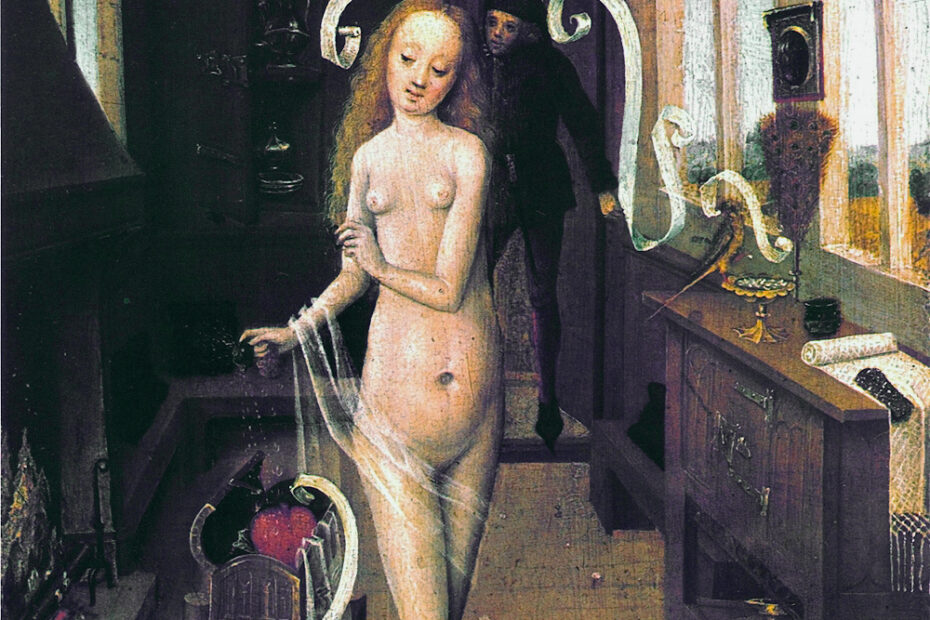 El hechizo de amor, pintura del Bajo Rin de hacia 1470: una joven prepara un filtro amoroso mientras un hombre se asoma a la puerta