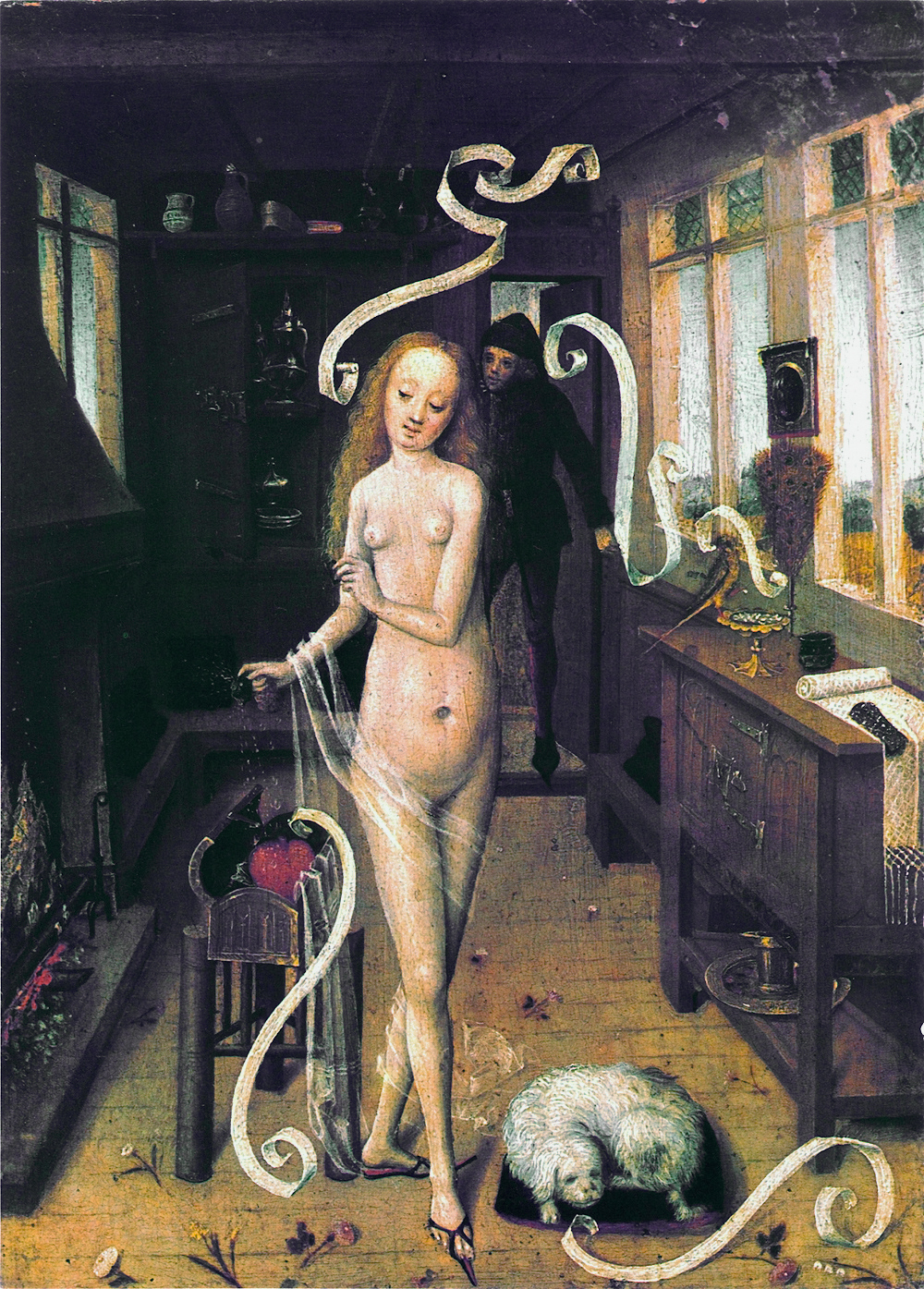 El hechizo de amor, pintura del Bajo Rin de hacia 1470: una joven prepara un filtro amoroso mientras un hombre se asoma a la puerta