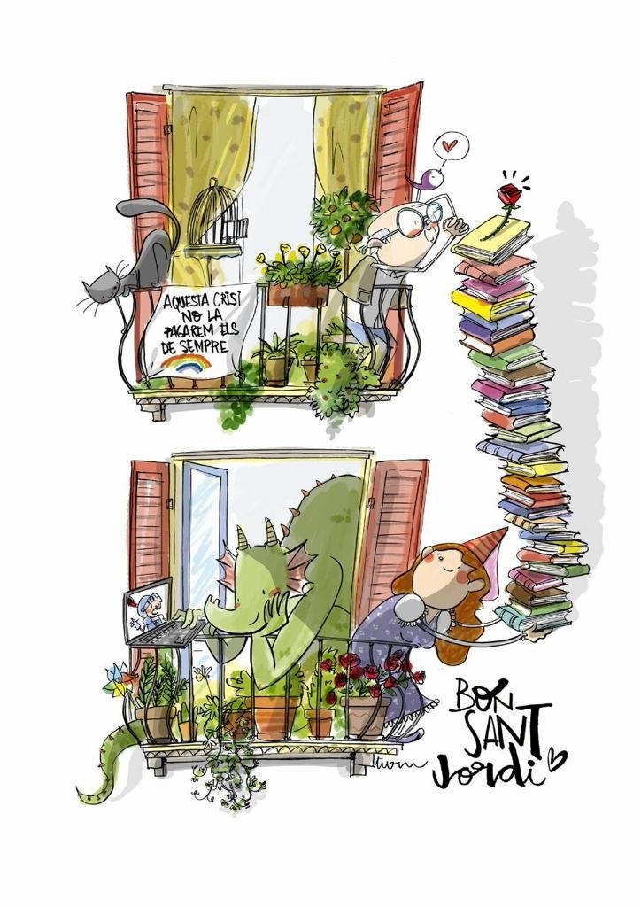 Il·lustració de Joan Turu per al Sant Jordi de 2020: un drac i una dona als balcons, amb una pila de llibres i el lema «Bon Sant Jordi»
