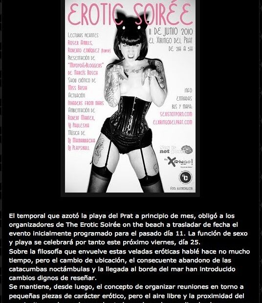 Cartell de The Erotic Soirée on the beach (El Xiringo del Prat, 2010) amb lectures de Roser Amills i Roberto Enríquez