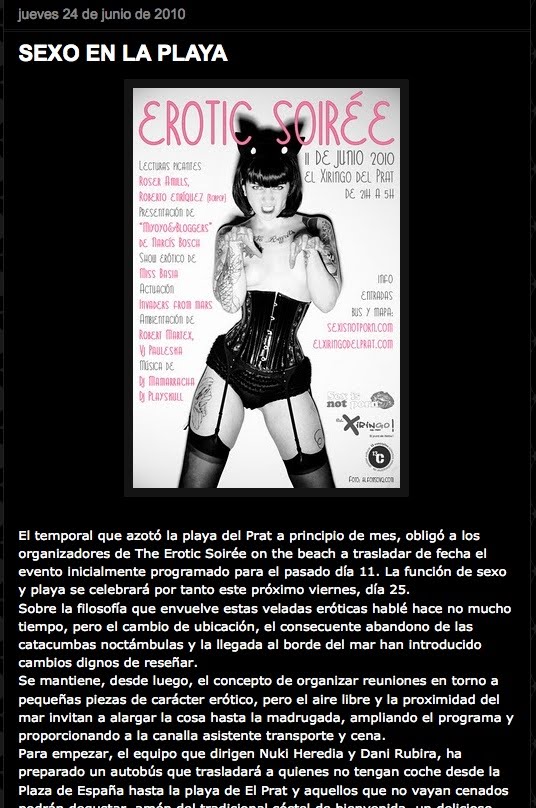 Entrada del blog de José M. Ponce del 24 de juny de 2010, «Sexo en la playa», amb el cartell de The Erotic Soirée que anuncia lectures de Roser Amills i Roberto Enríquez