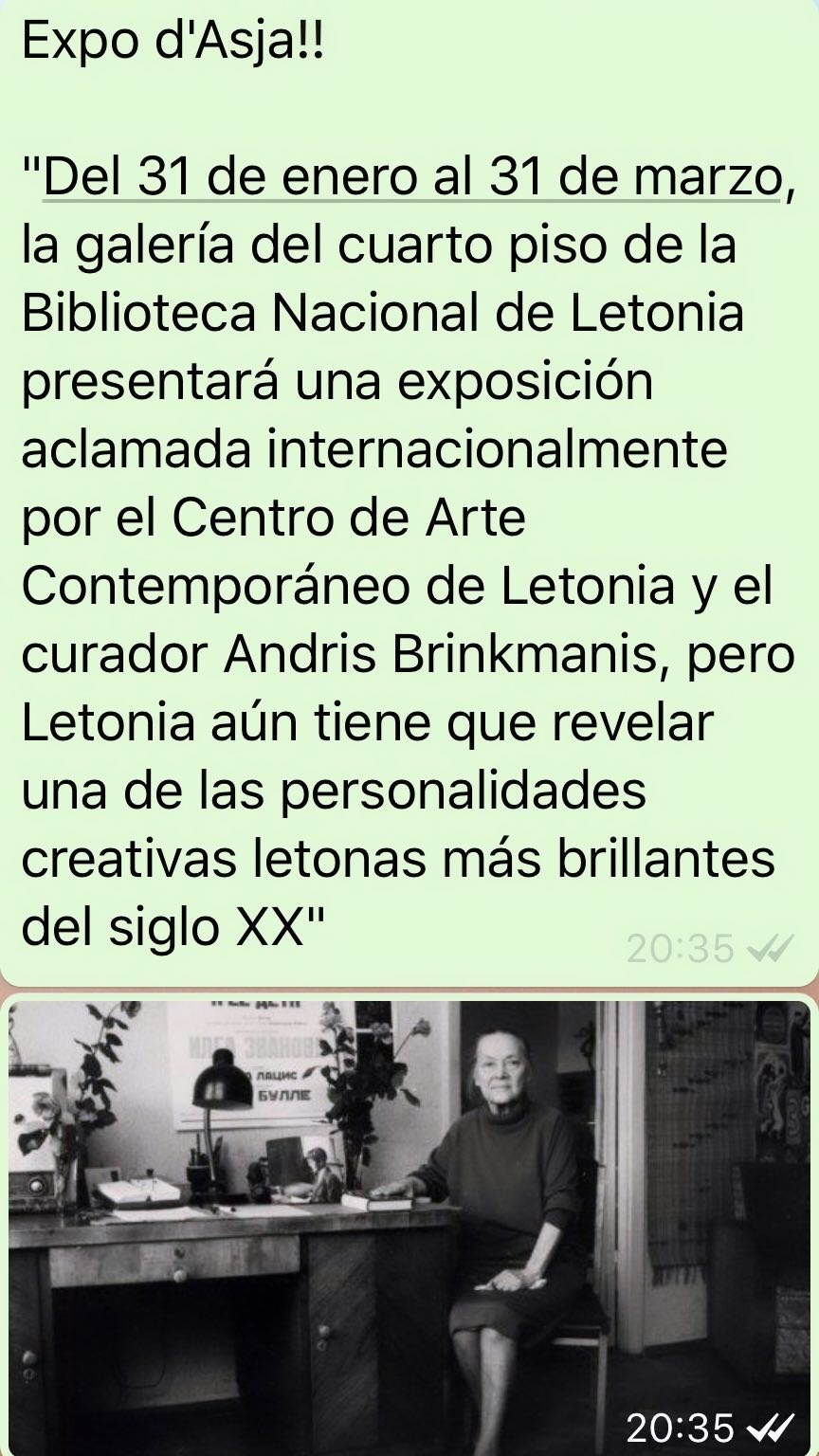 Aviso de la exposición sobre Asja Lacis en Riga