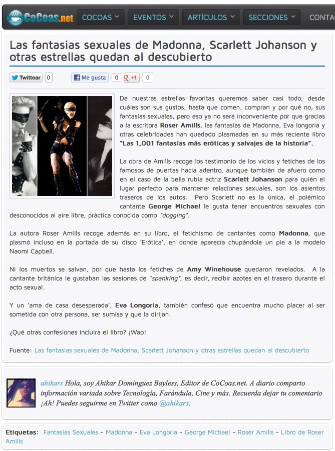 Página de CoCoas.net con el artículo sobre Las 1.001 fantasías más eróticas y salvajes de la historia, de Roser Amills