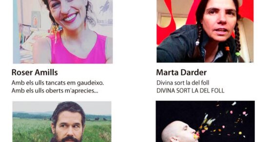 Cartel del II Festival de Poesia Vila de Gironella en la Biblioteca de Gironella, 21 de octubre a las 20 h, con los retratos de Roser Amills, Marta Darder, Marc Romera y Gerard Vilardaga