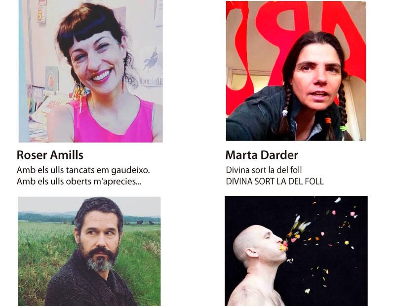 Cartel del II Festival de Poesia Vila de Gironella en la Biblioteca de Gironella, 21 de octubre a las 20 h, con los retratos de Roser Amills, Marta Darder, Marc Romera y Gerard Vilardaga