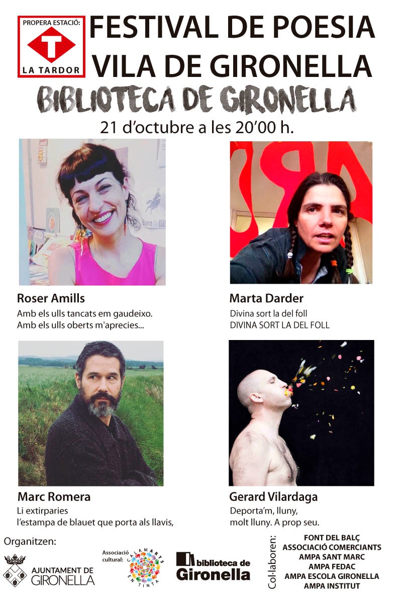Cartel del II Festival de Poesia Vila de Gironella en la Biblioteca de Gironella, 21 de octubre a las 20 h, con los retratos de Roser Amills, Marta Darder, Marc Romera y Gerard Vilardaga