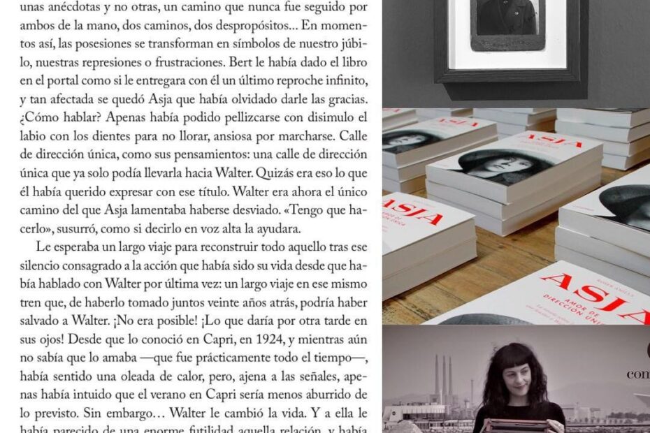 Página 33 de la novela Asja junto a un retrato enmarcado de Asja Lacis, pilas de ejemplares y Roser Amills con una máquina de escribir