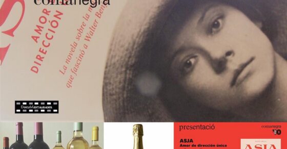 Montaje con la portada de Asja, botellas de Vino Afortunado, una botella de cava Gramona Imperial y la invitación de Comanegra a la presentación del jueves 19 de octubre de 2017 a las 19 h en la Nau Comanegra