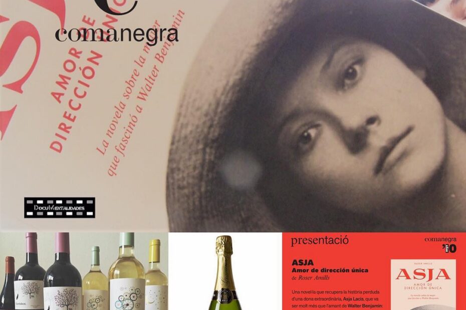 Montaje con la portada de Asja, botellas de Vino Afortunado, una botella de cava Gramona Imperial y la invitación de Comanegra a la presentación del jueves 19 de octubre de 2017 a las 19 h en la Nau Comanegra