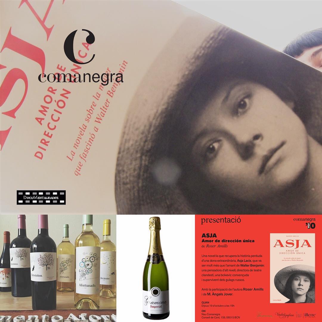 Montaje con la portada de Asja, botellas de Vino Afortunado, una botella de cava Gramona Imperial y la invitación de Comanegra a la presentación del jueves 19 de octubre de 2017 a las 19 h en la Nau Comanegra