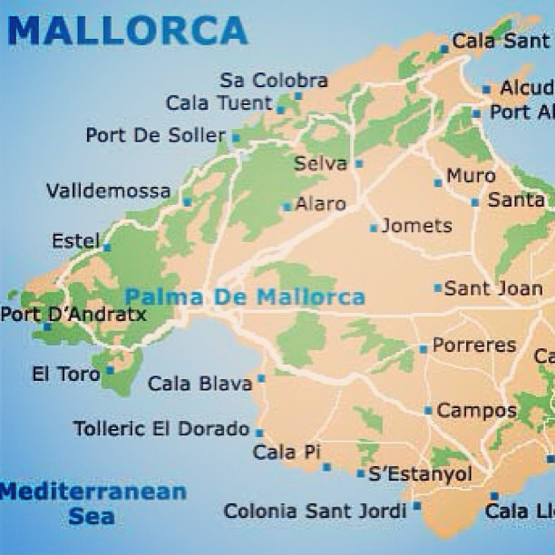 Mapa de la isla de Mallorca con sus poblaciones