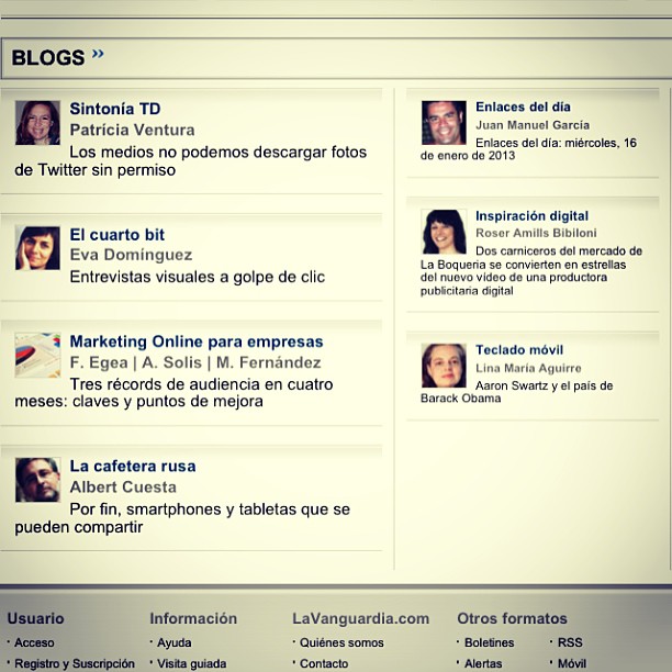 Inspiración digital (blog en La Vanguardia) | Roser Amills: «Novetats diàries als blogs de La Vanguardia» (28-1-2013)