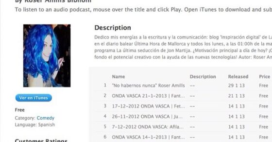 Página de iTunes del pódcast Roser Amills Bibiloni RADIO con la lista de programas de Onda Vasca
