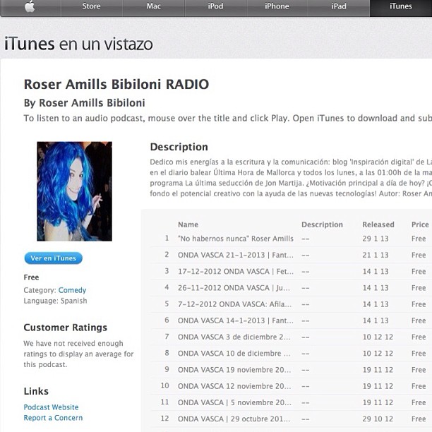 Página de iTunes del pódcast Roser Amills Bibiloni RADIO con la lista de programas de Onda Vasca