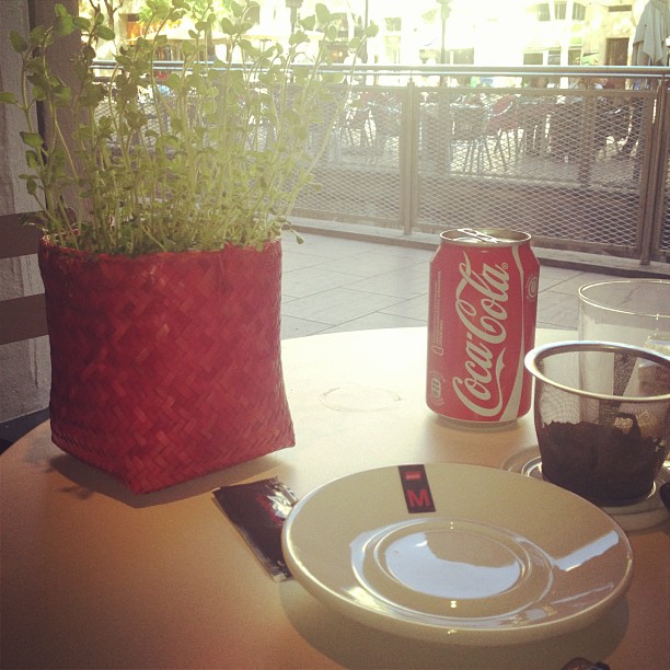 Mesa de un bar con una maceta roja, una lata de Coca-Cola y una taza, junto a una terraza