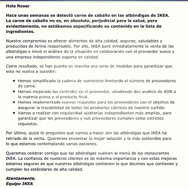 Correo del equipo de IKEA a Roser sobre la carne de caballo hallada en las albóndigas y las medidas adoptadas