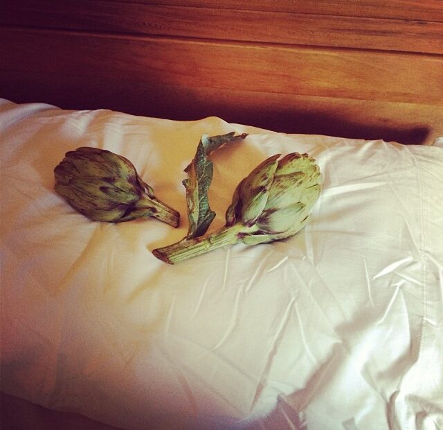 Dos alcachofas sobre una almohada