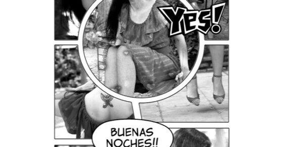 Collage en viñetas de cómic en blanco y negro con retratos de Roser Amills, el texto «Yes!» y un bocadillo que dice «Buenas noches!!»