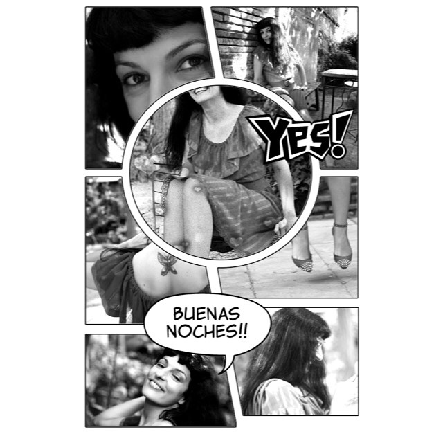 Collage en viñetas de cómic en blanco y negro con retratos de Roser Amills, el texto «Yes!» y un bocadillo que dice «Buenas noches!!»