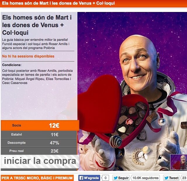 Captura d'una pàgina d'entrades: col·loqui amb Roser Amills i actors de Polònia, 12 euros per als socis
