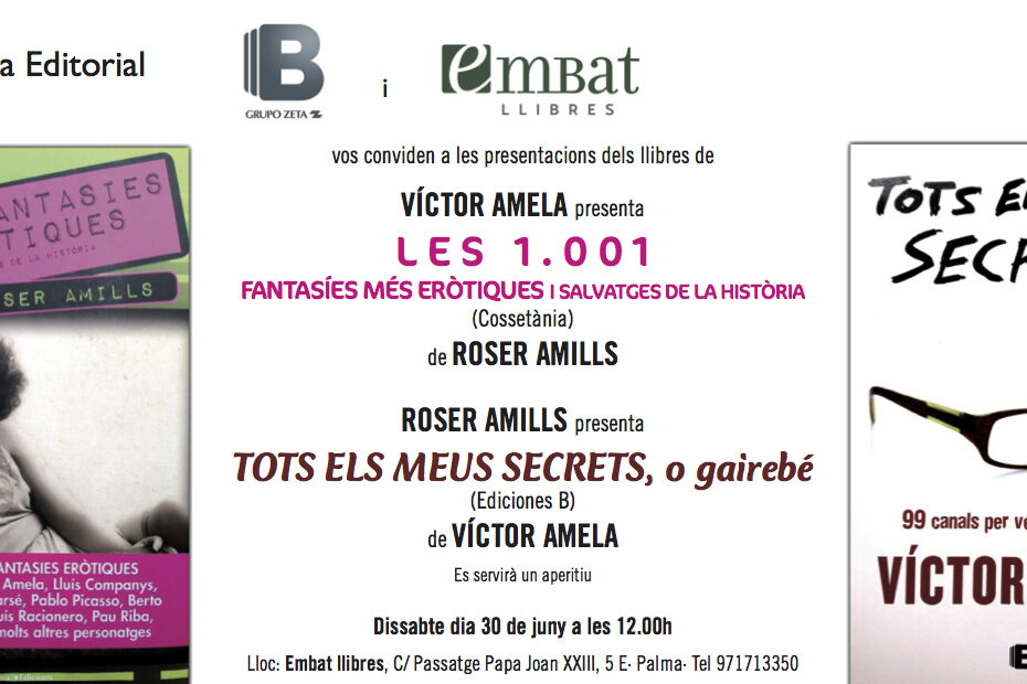 Invitación a la presentación de Víctor Amela y Roser Amills en Embat Llibres, Palma, 30 de junio de 2012