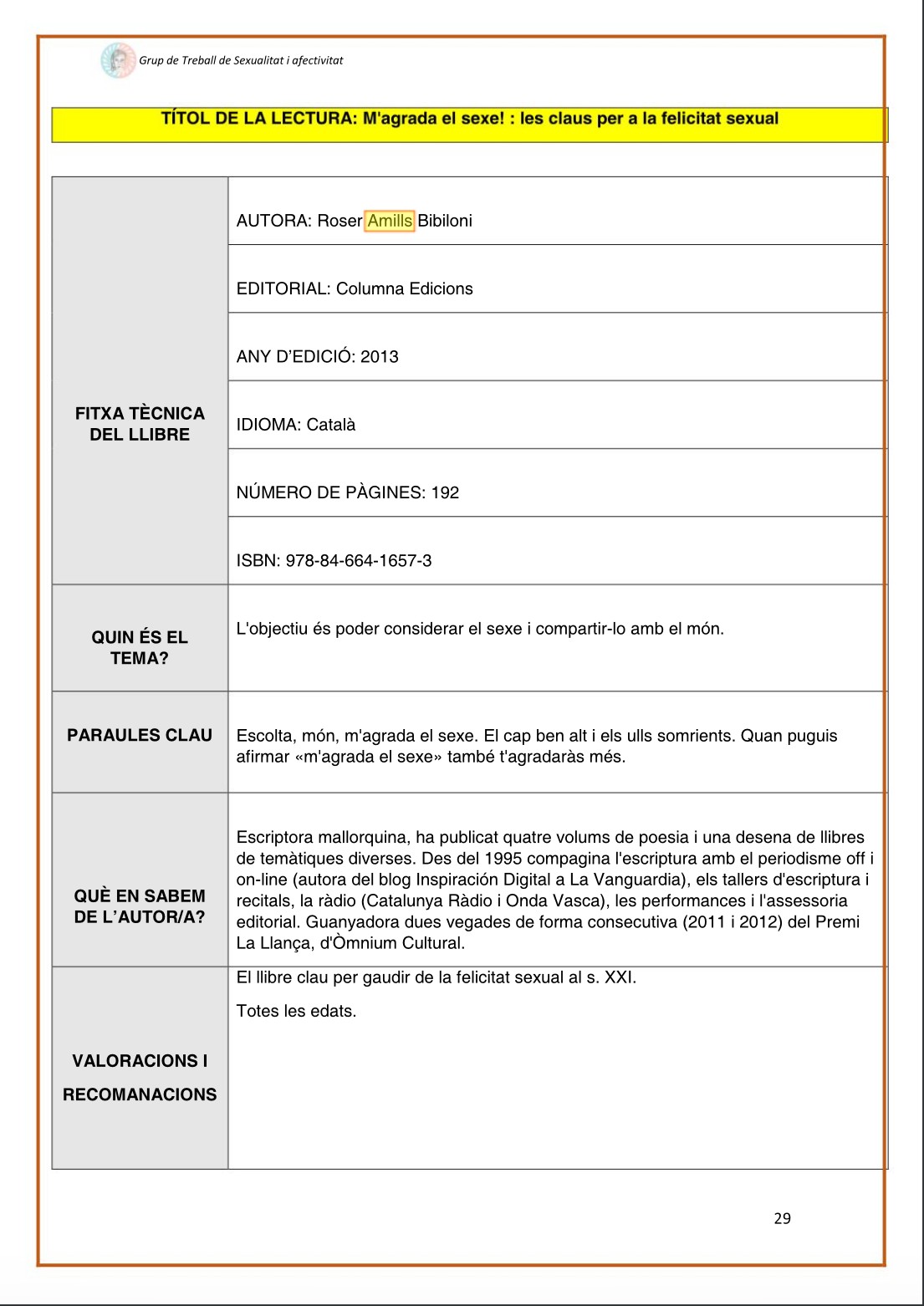 Fitxa de lectura de M’agrada el sexe! de Roser Amills als Materials de Sexualitat i afectivitat per a l’aula PFI, pàgina 29