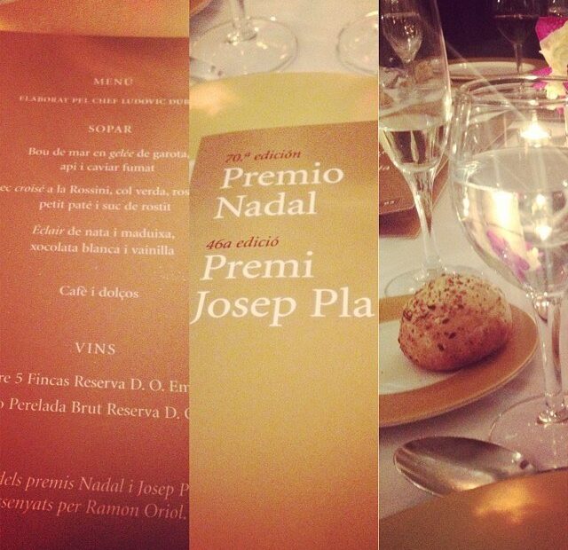 Composición con el menú y la mesa de la cena de la 70.ª edición del Premio Nadal y la 46.ª del Premi Josep Pla, 6 de enero de 2014