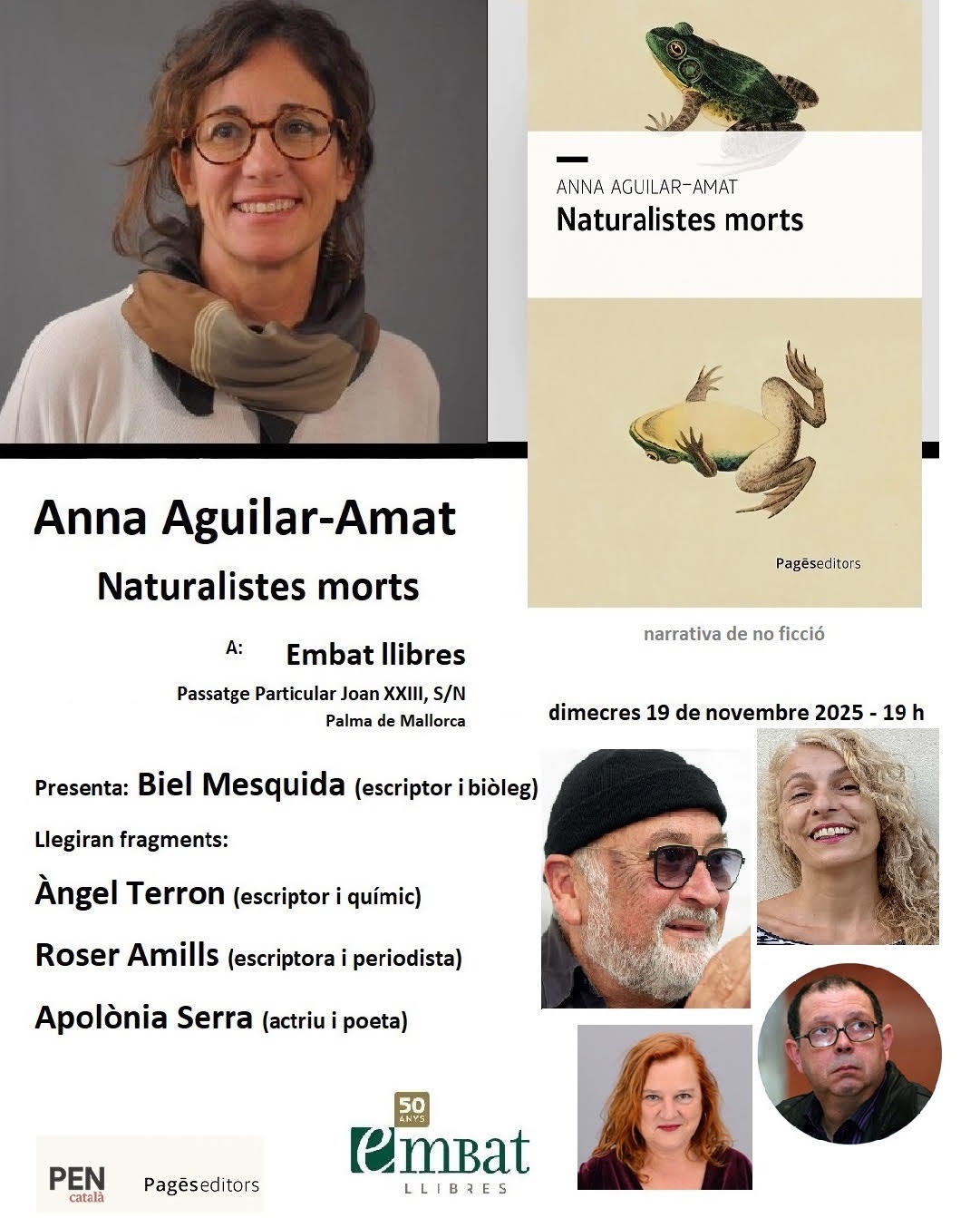 Roser Amills copresenta «Naturalistes morts», de Anna Aguilar-Amat, en Embat Llibres (Palma)