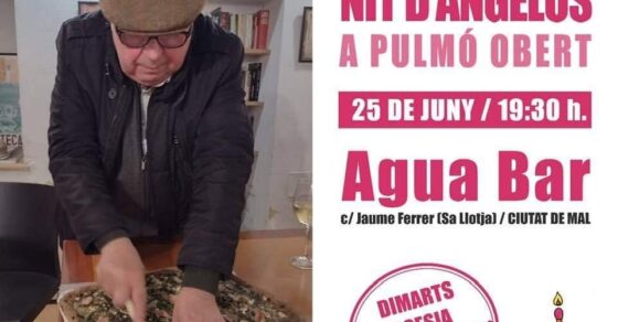 Cartel de «Nit d’Àngelus a pulmó obert», sesión 60 de los Dimarts Poesia de Fil de Pua, Agua Bar, Palma, 25 de junio de 2024