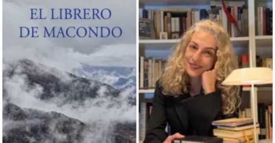 Portada de El librero de Macondo junto a un retrato de Roser Amills entre libros