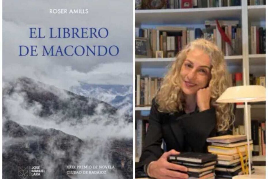 Portada de El librero de Macondo junto a un retrato de Roser Amills entre libros