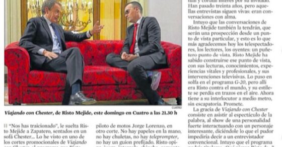 Columna «Risto y el descaro», de Víctor Amela en El semáforo del decano, con una foto de dos hombres sentados en un sofá rojo en el plató de Viajando con Chester