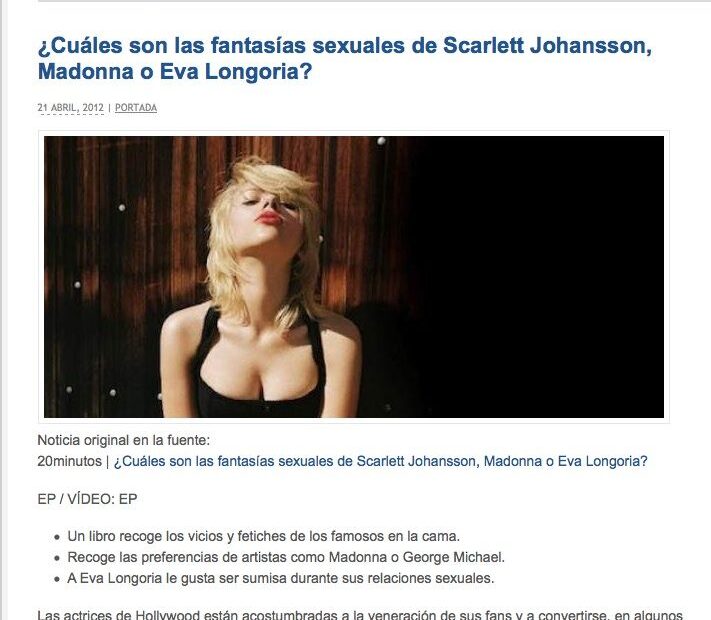 Captura de LaCope.es del 21 de abril de 2012 con la noticia sobre las fantasías sexuales de Scarlett Johansson, Madonna o Eva Longoria