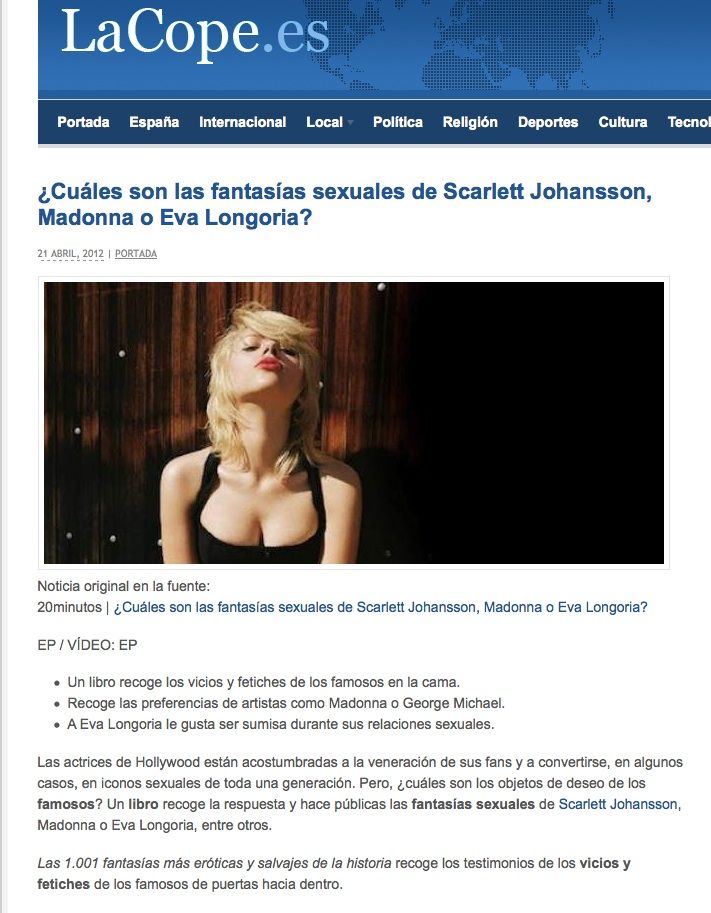Captura de LaCope.es del 21 de abril de 2012 con la noticia sobre las fantasías sexuales de Scarlett Johansson, Madonna o Eva Longoria