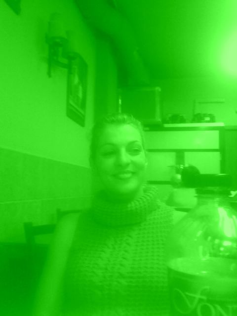 Roser Amills sonriendo en una cafetería, en una foto con tono verde, el 17 de diciembre de 2006