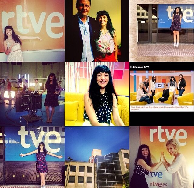Collage de nueve fotos de Roser Amills en los estudios de TVE en Sant Cugat