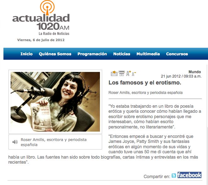 Captura de la web de Actualidad 1020 AM con la entrevista a Roser Amills del 21 de junio de 2012 y su foto ante el micrófono