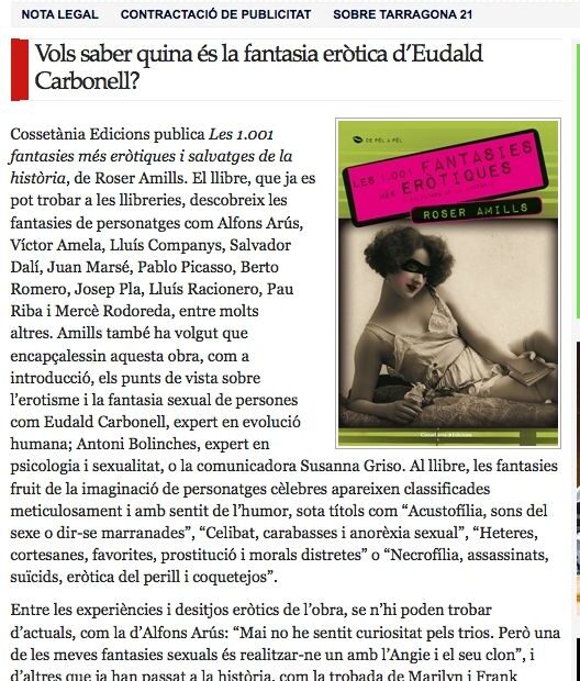 Captura de Tarragona 21 con la noticia sobre Les 1.001 fantasies més eròtiques i salvatges de la història