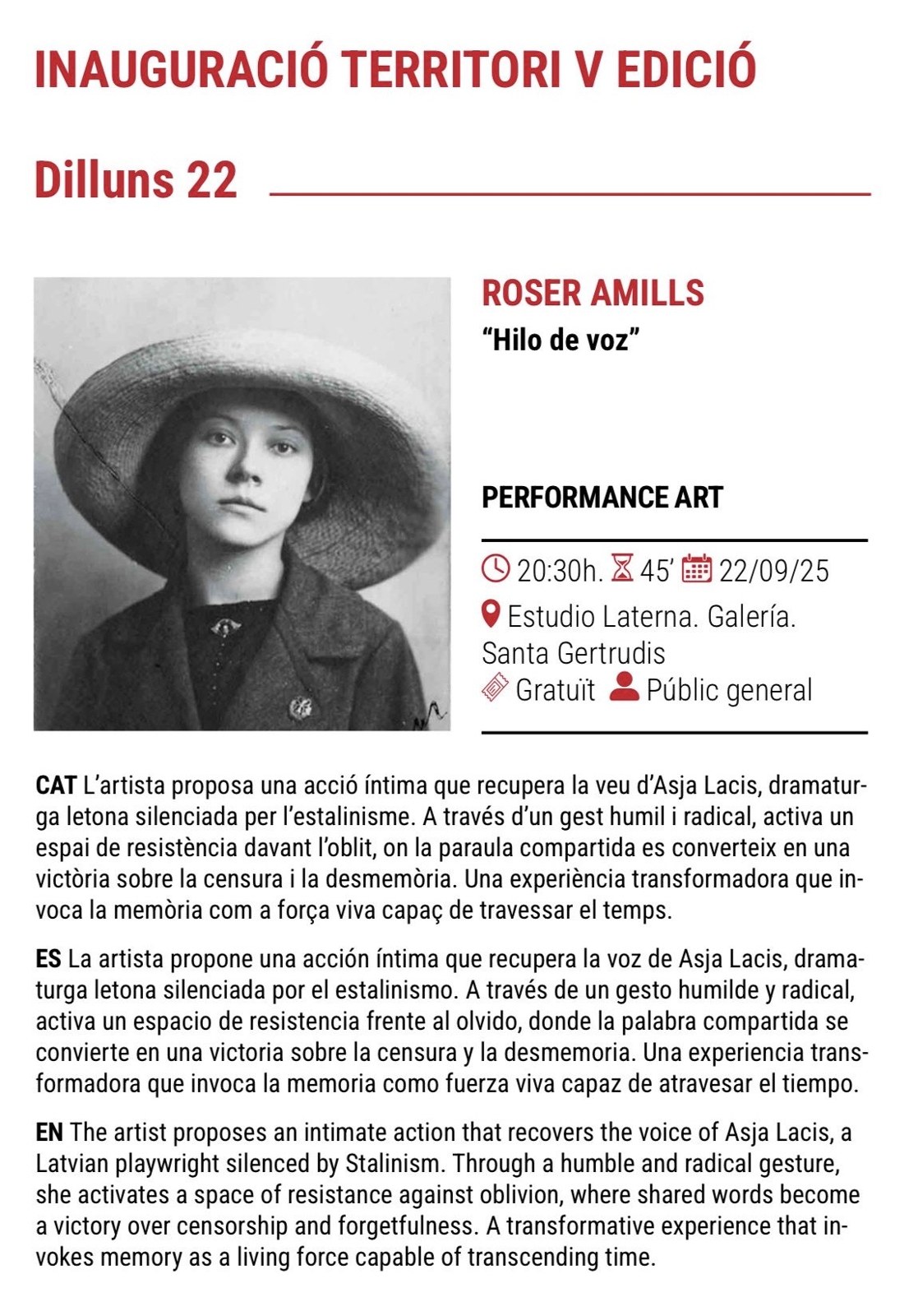 «Fil de veu» («Hilo de voz»), performance de Roser Amills en Territori V Edició, Ibiza