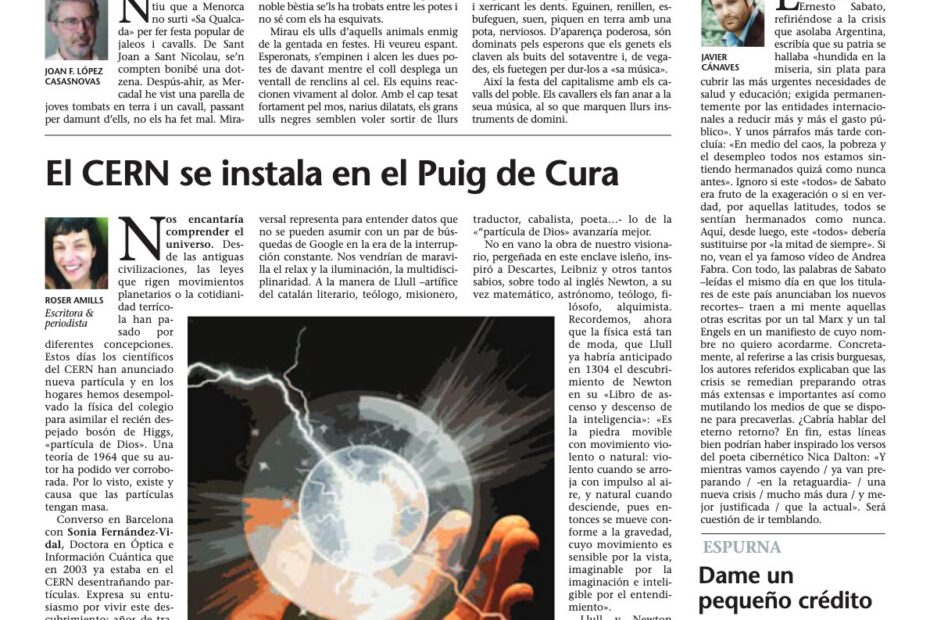 Página de opinión de Última Hora del 17 de julio de 2012 con la columna de Roser Amills «El CERN se instala en el Puig de Cura»