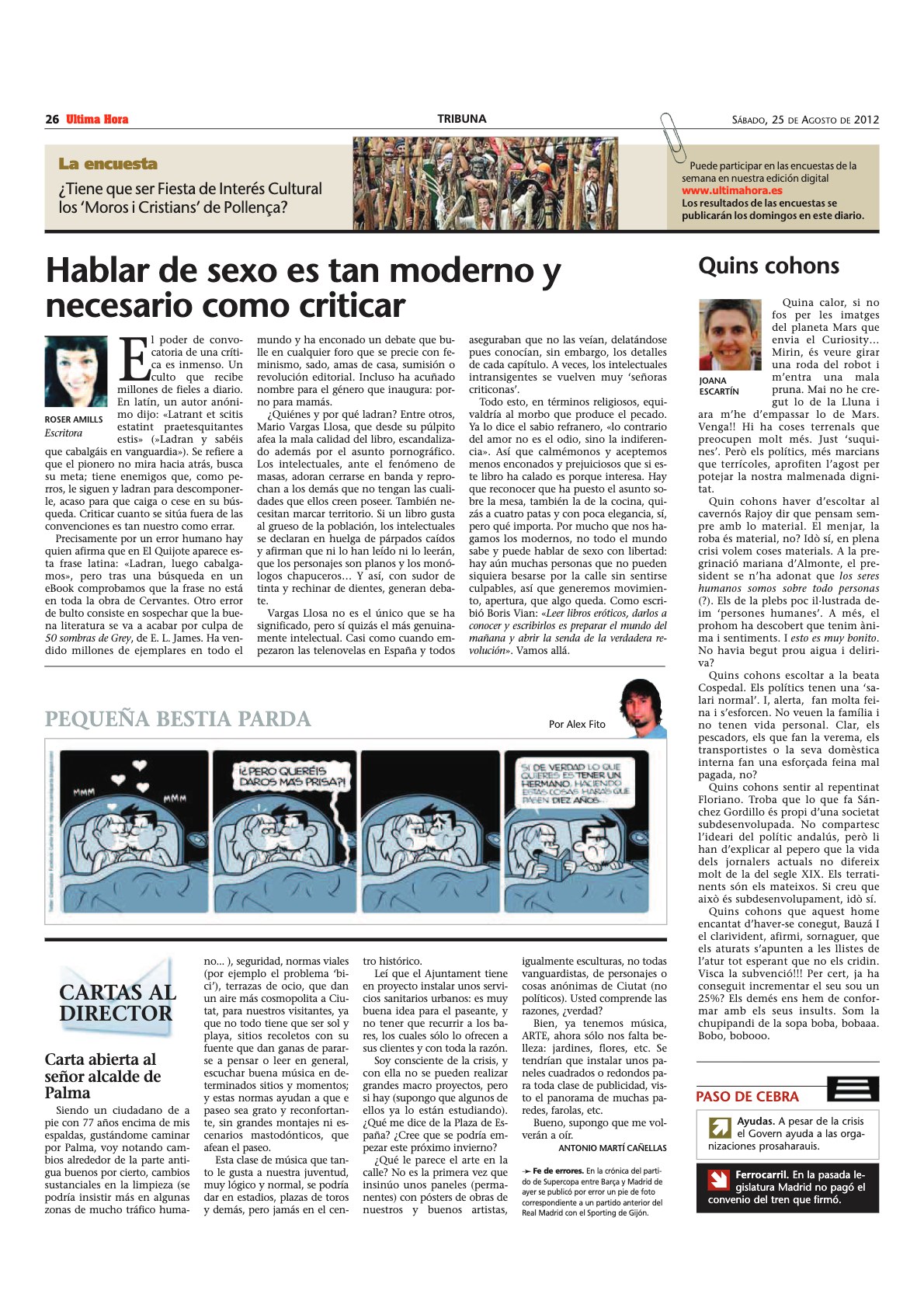 Página de opinión de Última Hora del 25 de agosto de 2012 con la columna de Roser Amills «Hablar de sexo es tan moderno y necesario como criticar»