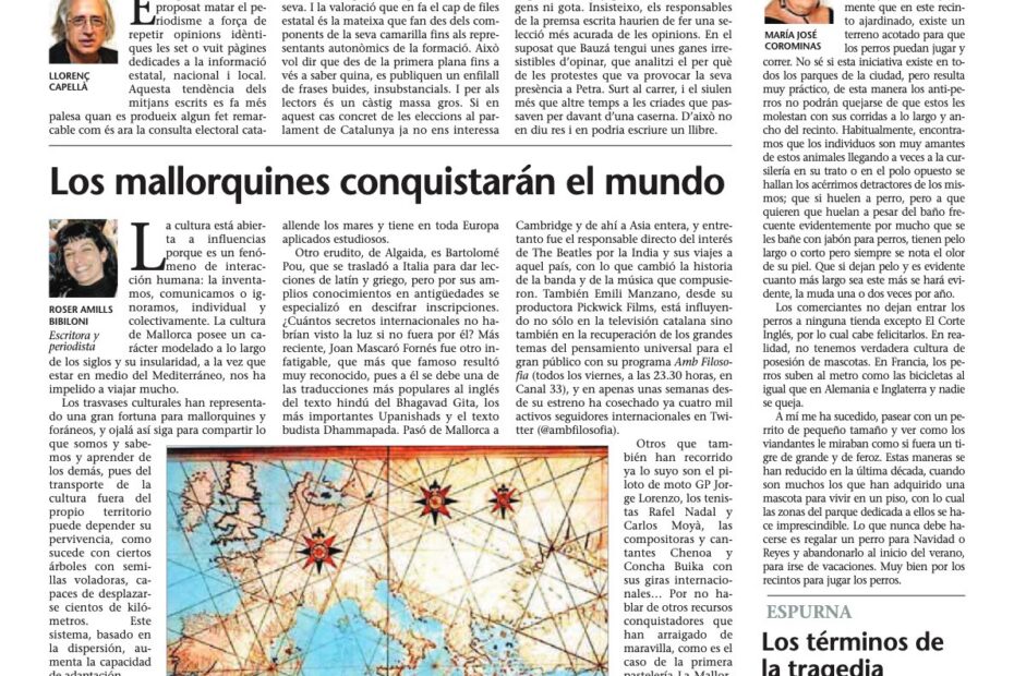 Página de opinión de Última Hora del 29 de noviembre de 2012 con la columna de Roser Amills «Los mallorquines conquistarán el mundo»