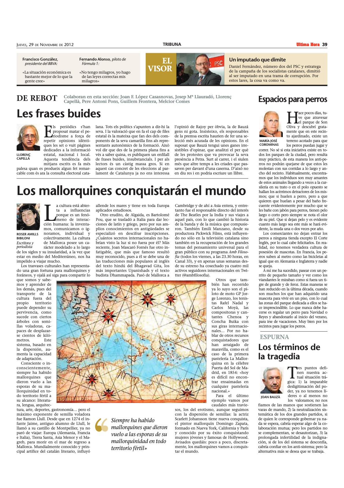 Página de opinión de Última Hora del 29 de noviembre de 2012 con la columna de Roser Amills «Los mallorquines conquistarán el mundo»