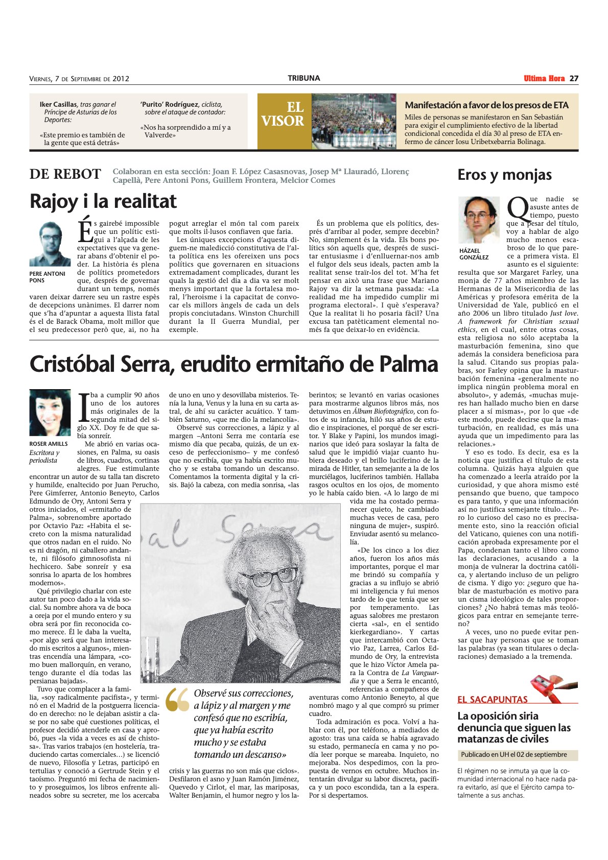 Página de opinión de Última Hora del 7 de septiembre de 2012 con la columna de Roser Amills sobre Cristóbal Serra